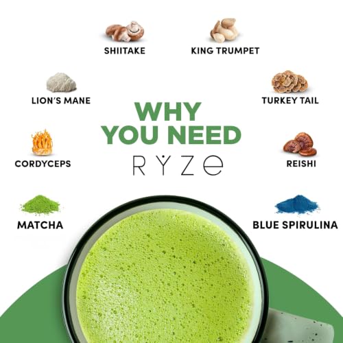 RYZE Organic Mushroom Matcha Powder with 6 Adaptogenic Mushrooms – 30 Servings