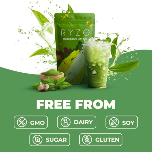 RYZE Organic Mushroom Matcha Powder with 6 Adaptogenic Mushrooms – 30 Servings
