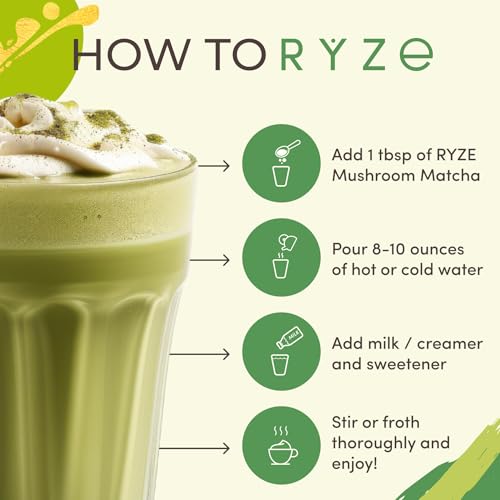 RYZE Organic Mushroom Matcha Powder with 6 Adaptogenic Mushrooms – 30 Servings