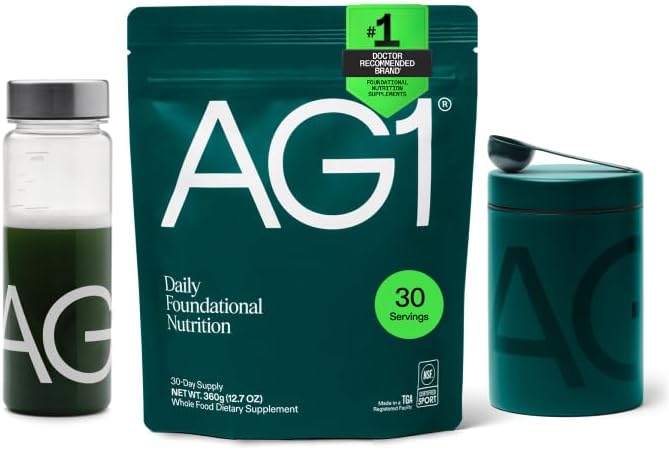 AG1 Greens Powder Bundle with 32 oz Stainless Steel Canister, Shaker & Scoop