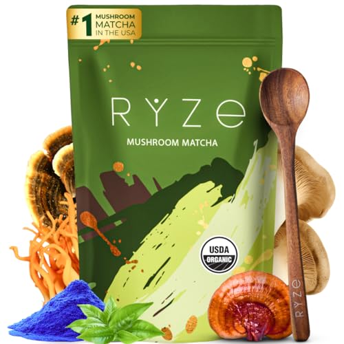 RYZE Organic Mushroom Matcha Powder with 6 Adaptogenic Mushrooms – 30 Servings