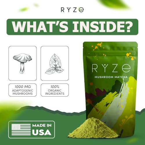 RYZE Organic Mushroom Matcha Powder with 6 Adaptogenic Mushrooms – 30 Servings