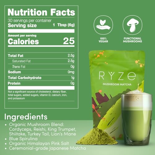 RYZE Organic Mushroom Matcha Powder with 6 Adaptogenic Mushrooms – 30 Servings